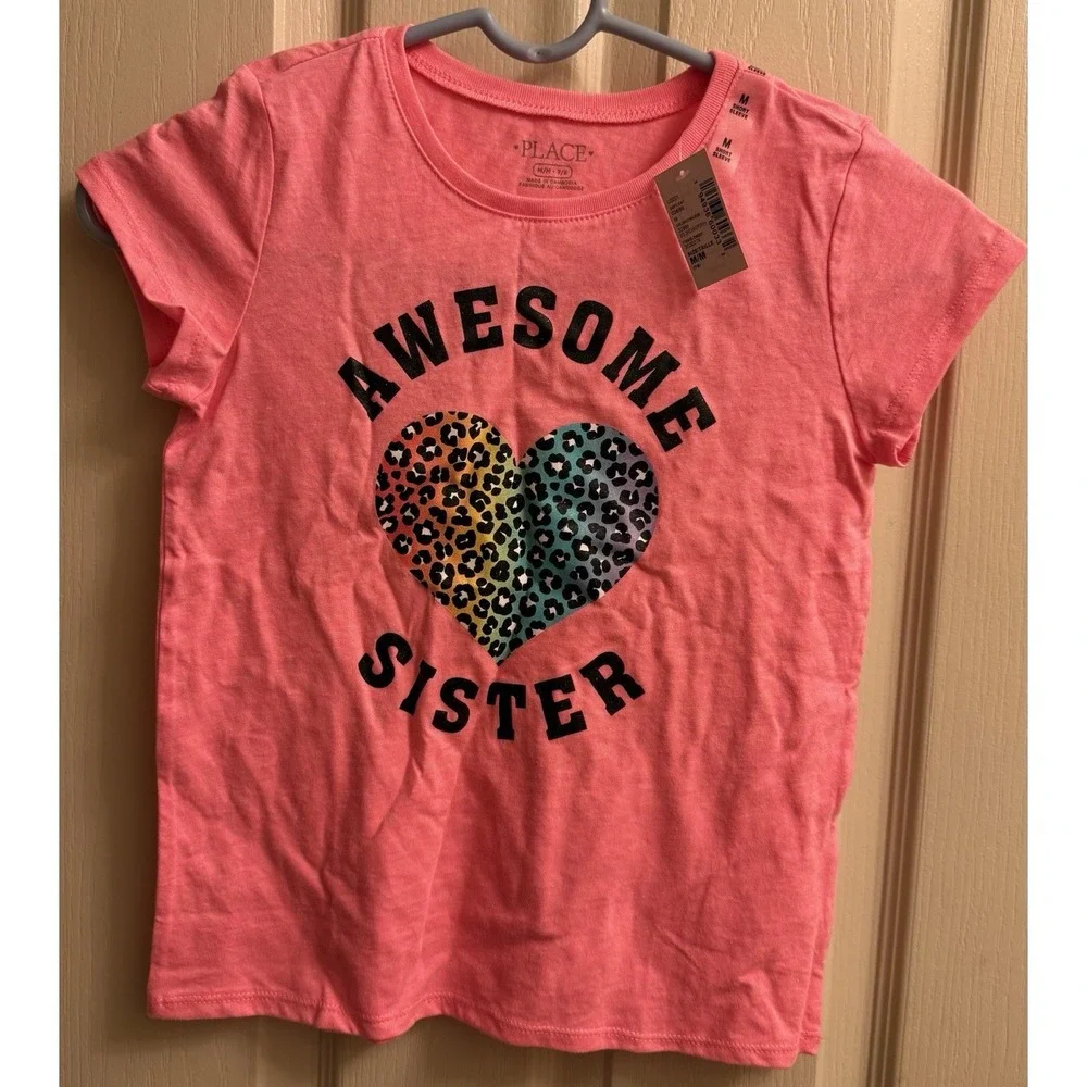 Childrens Place‎ Awesome Sister pink heart t shirt Girls Size Medium 7/8 NWT